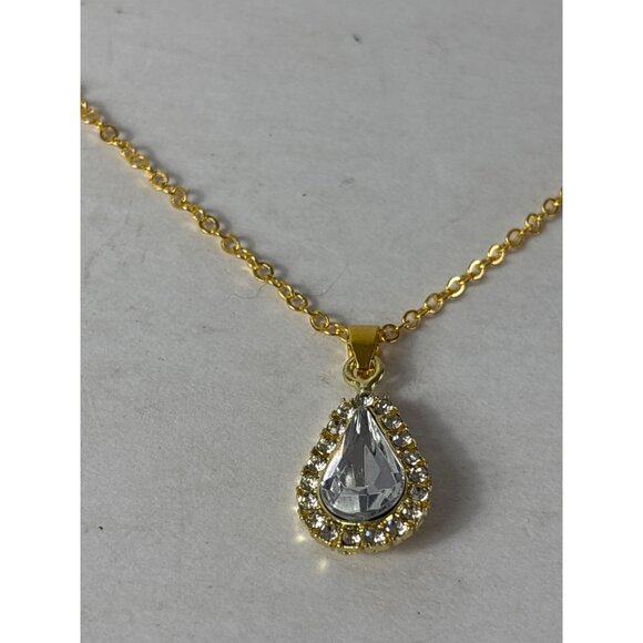 Goldtone Clear Rhinestone Halo Teardrop Pendant Necklace 17 - 19 inches Long - Picture 1 of 5